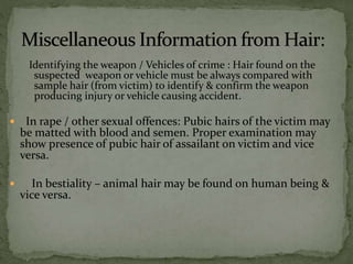 Identifying the weapon / Vehicles of crime : Hair found on the
suspected weapon or vehicle must be always compared with
sample hair (from victim) to identify & confirm the weapon
producing injury or vehicle causing accident.
 In rape / other sexual offences: Pubic hairs of the victim may
be matted with blood and semen. Proper examination may
show presence of pubic hair of assailant on victim and vice
versa.
 In bestiality – animal hair may be found on human being &
vice versa.
 