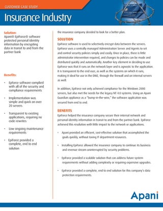 CUSTOMER CASE STUDY


Insurance Industry
Solution:                          the insurance company decided to look for a better plan.
Apani® EpiForce® software
protected personal identity        SOLUTION
information by encrypting          EpiForce software is used to selectively encrypt data between the servers.
data in transit to and from the    EpiForce uses a centrally managed Administration Server and Agents to set
partner bank                       and control security policies simply and easily. Once in place, there is little
                                   administrator intervention required, and changes to policies can be made and
                                   distributed quickly and automatically. Another key element in deciding to use
                                   EpiForce was that it runs on the network layer and is agnostic to the application.
                                   It is transparent to the end user, as well as the systems on which it runs,
Benefits:                          making it ideal for use in the DMZ, through the firewall and on internal servers
                                   as well.
•   EpForce software complied
    with all of the security and
                                   In addition, EpiForce not only achieved compliance for the Windows 2000
    compliance requirements
                                   servers, but also met the needs for the legacy NT 4.0 systems. Using an Apani
•   Implementation was             Guardian appliance as a “bump-in-the-wire,” the software application was
    simple and quick on over       secured from end to end.
    20 servers
                                   BENEFITS
•   Transparent to existing
                                   EpiForce helped the insurance company secure their internal network and
    applications, requiring no
    code rewrites                  personal identity information in transit to and from the partner bank. EpiForce
                                   achieved this resolution with little impact to the network or applications.
•   Low ongoing maintenance
    requirements                   •   Apani provided an efficient, cost-effective solution that accomplished the
                                       goals quickly, without taxing IT department resources.
•   EpiForce provided a
    complete, end to end           •   Installing EpiForce allowed the insurance company to continue its business
    solution                           and revenue stream uninterrupted by security problems.

                                   •   EpiForce provided a scalable solution that can address future system
                                       requirements without adding complexity or requiring expensive upgrades.

                                   •   EpiForce provided a complete, end to end solution for this company’s data
                                       protection requirements.
 