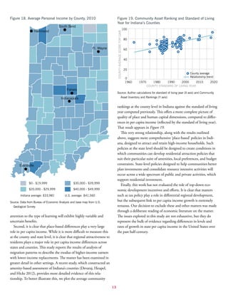 13
attention to the type of learning will exhibit highly variable and
uncertain benefits.
Second, it is clear that place-based differences play a very large
role in per capita income. While it is more difficult to measure this
at the county and state level, it is clear that regional attractiveness to
residents plays a major role in per capita income differences across
states and counties. This study reports the results of analysis of
migration patterns to describe the exodus of higher-income earners
with lower-income replacements. The matter has been examined in
greater detail in other settings. A recent study, which constructed an
amenity-based assessment of Indiana’s counties (Devaraj, Heupel,
and Hicks 2012), provides more detailed evidence of this rela-
tionship. To better illustrate this, we plot the average community
rankings at the county level in Indiana against the standard of living
year computed previously. This offers a more complete picture of
quality of place and human capital dimensions, compared to differ-
ences in per capita income (reflected by the standard of living year).
That result appears in Figure 19.
This very strong relationship, along with the results outlined
above, suggests more comprehensive ‘place-based’ policies in Indi-
ana, designed to attract and retain high-income households. Such
policies at the state level should be designed to create conditions in
which communities can develop residential attraction policies that
suit their particular suite of amenities, local preferences, and budget
constraints. State-level policies designed to help communities better
plan investments and consolidate resource intensive activities will
occur across a wide spectrum of public and private activities, which
support residential investment.
Finally, this work has not evaluated the role of top-down eco-
nomic development incentives and efforts. It is clear that matters
such as tax policy play a role in differential regional development,
but the subsequent link to per capita income growth is extremely
tenuous. Our decision to exclude these and other matters was made
through a deliberate reading of economic literature on the matter.
The issues explored in this study are not exhaustive, but they do
represent the bulk of evidence regarding differences in levels and
rates of growth in state per capita income in the United States over
the past half-century.
$0 - $19,999
$20,000 - $29,999
$30,000 - $39,999
$40,000 - $49,999
Indiana average: $33,981 U.S. average: $41,560
Ft. Wayne
South Bend
Indianapolis
Evansville
Fishers
Hammond
Figure 18. Average Personal Income by County, 2010
Source: Data from Bureau of Economic Analysis and base map from U.S.
Geological Survey
Figure 19. Community Asset Ranking and Standard of Living
Year for Indiana’s Counties
1960 1970 1980 1990 2000 2010 2020
0
20
40
60
80
100
Relationship trend
County average
COUNTYAVERAGESCOREFORCAIR
COUNTY STANDARD OF LIVING YEAR
Source: Author calculations for standard of living year (X axis) and Community
Asset Inventory and Rankings (Y axis)
 