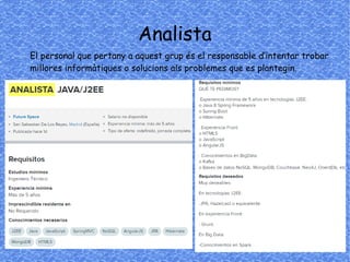 Analista
El personal que pertany a aquest grup és el responsable d’intentar trobar
millores informàtiques o solucions als problemes que es plantegin.
 