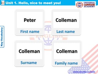 Peter
Unit 1. Hello, nice to meet you!A1
KeyVocabulary
Colleman
Colleman
First name Last name
Surname
www.ula.edu.co/bello
Colleman
Family name
 