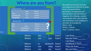 Where am I from? I am from______.
Where are you from? You are from_______.
I am from______.
Where is he/she/it from? He/She/It is from_____.
Where are they from? They are from_____.
Where are we from? We are from_____.
?
Recordemos que para formular
una pregunta se invierten el verbo
to be y los pronombres
personales, la respuesta que
obtendremos será afirmativa o
negativa. Sin embargo, cuando
necesitamos saber qué o dónde,
sólo escribimos estas palabras al
principio de la pregunta:
What = Qué
Where = Dónde
How = Cuántos, Cómo
Where are you from?
 
