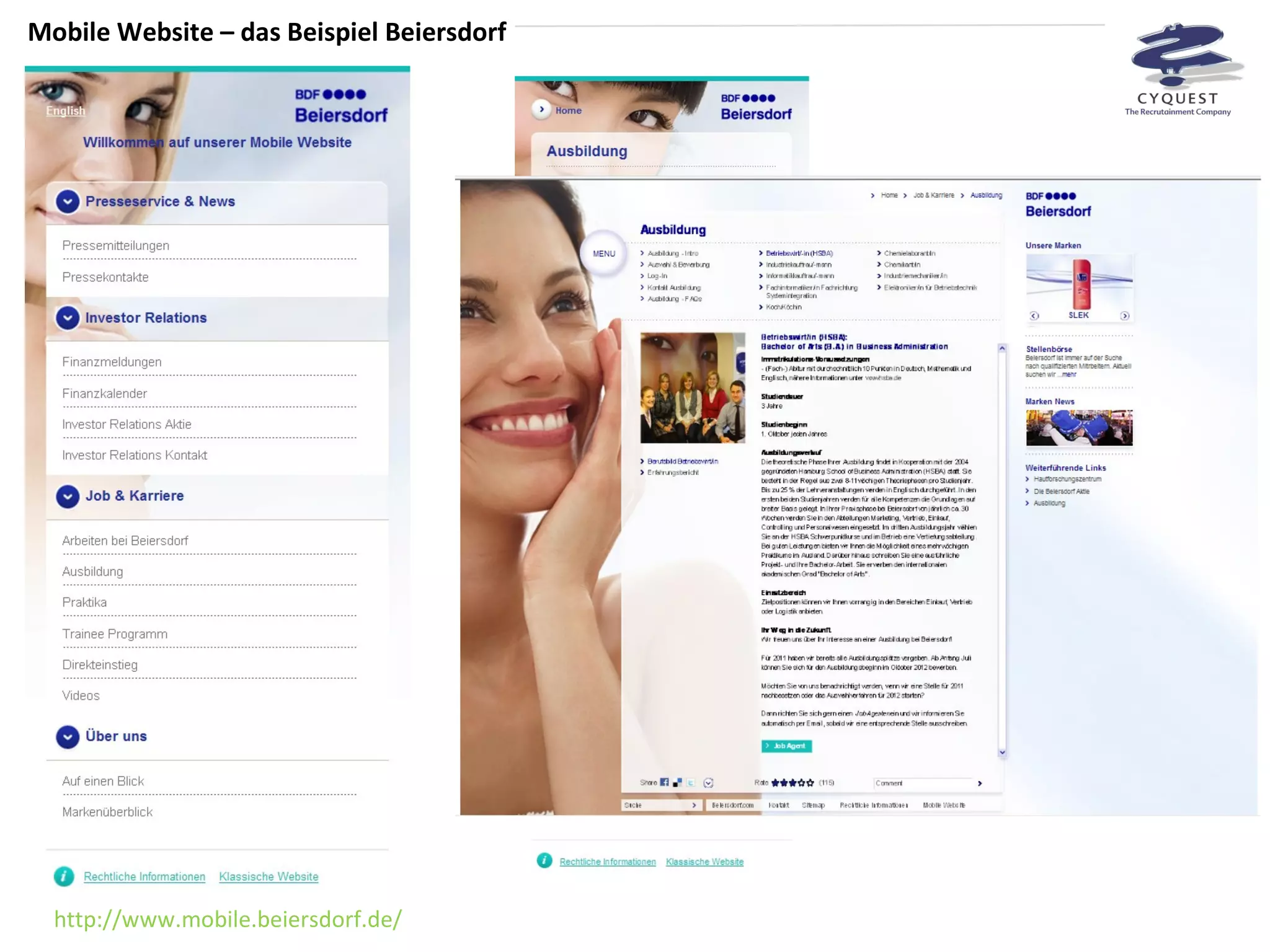 Mobile Website – das Beispiel Beiersdorf http://www.mobile.beiersdorf.de/ 