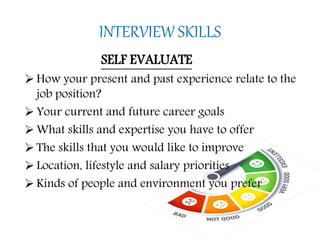 INTERVIEW SKILLS
SELF EVALUATE
 How your present and past experience relate to the
job position?
 Your current and future career goals
 What skills and expertise you have to offer
 The skills that you would like to improve
 Location, lifestyle and salary priorities
 Kinds of people and environment you prefer
 