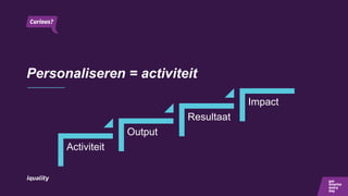 Personaliseren = activiteit
Activiteit
Output
Resultaat
Impact
 