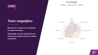 Tools vergelijken
Elke tool is in staat om te verwerken
en output te leveren.
Afhankelijk van jouw situatie kan de
outcome en impact enorm van elkaar
verschillen.
 