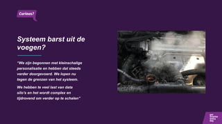Systeem barst uit de
voegen?
“We zijn begonnen met kleinschalige
personalisatie en hebben dat steeds
verder doorgevoerd. We lopen nu
tegen de grenzen van het systeem.
We hebben te veel last van data
silo’s en het wordt complex en
tijdrovend om verder op te schalen”
 