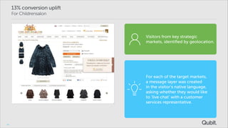 13% conversion uplift
For Childrensalon

Visitors from key strategic
markets, identiﬁed by geolocation.

For each of the target markets,
a message layer was created
in the visitor’s native language,
asking whether they would like
to ‘live chat’ with a customer
services representative.

54

 