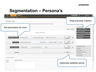 Segmentation – Persona’s

                                      Drag and drop criterion


Set parameters for each




                           Optionally establish points
 