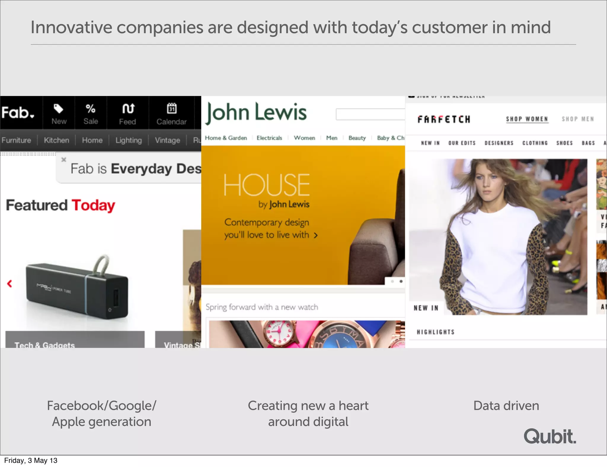 Data drivenCreating new a heart
around digital
Facebook/Google/
Apple generation
Innovative companies are designed with today’s customer in mind
Friday, 3 May 13
 