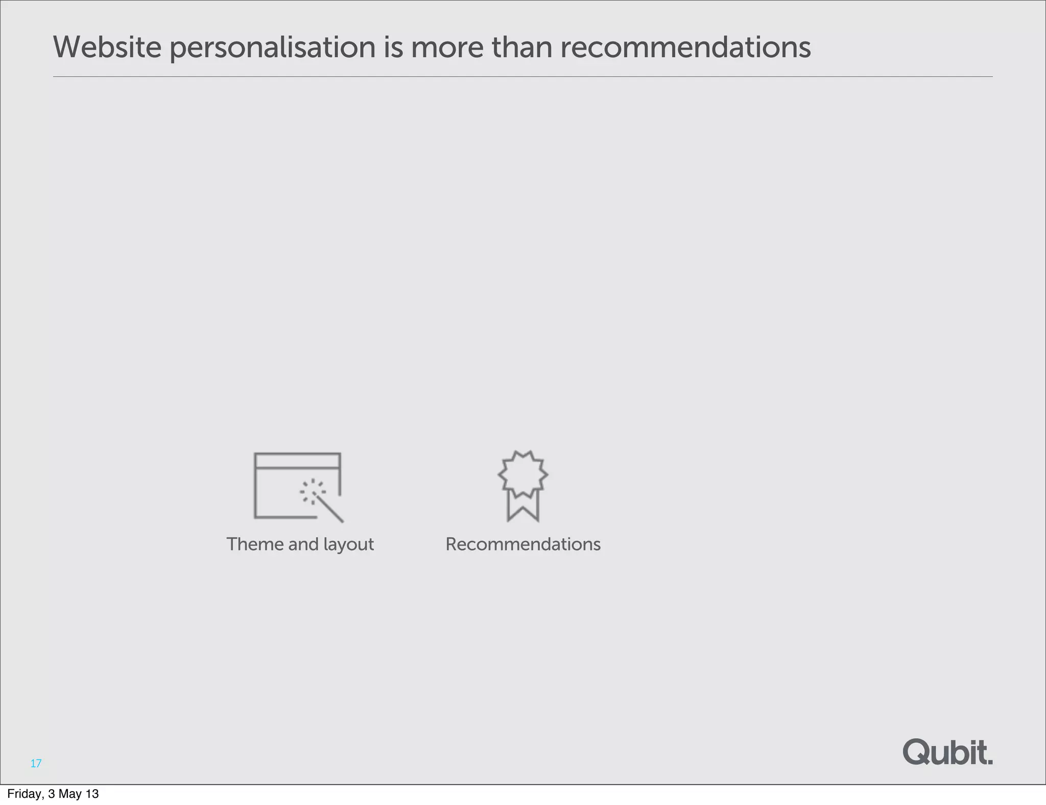 Website personalisation is more than recommendations
17
Theme and layout Recommendations
Friday, 3 May 13
 