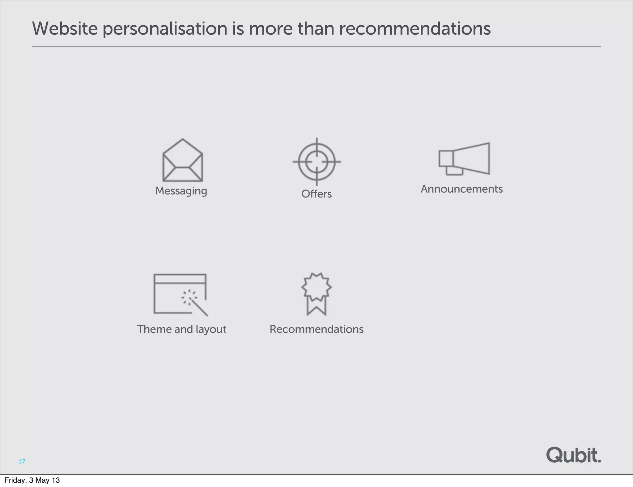 Website personalisation is more than recommendations
17
Messaging Offers Announcements
Theme and layout Recommendations
Friday, 3 May 13
 