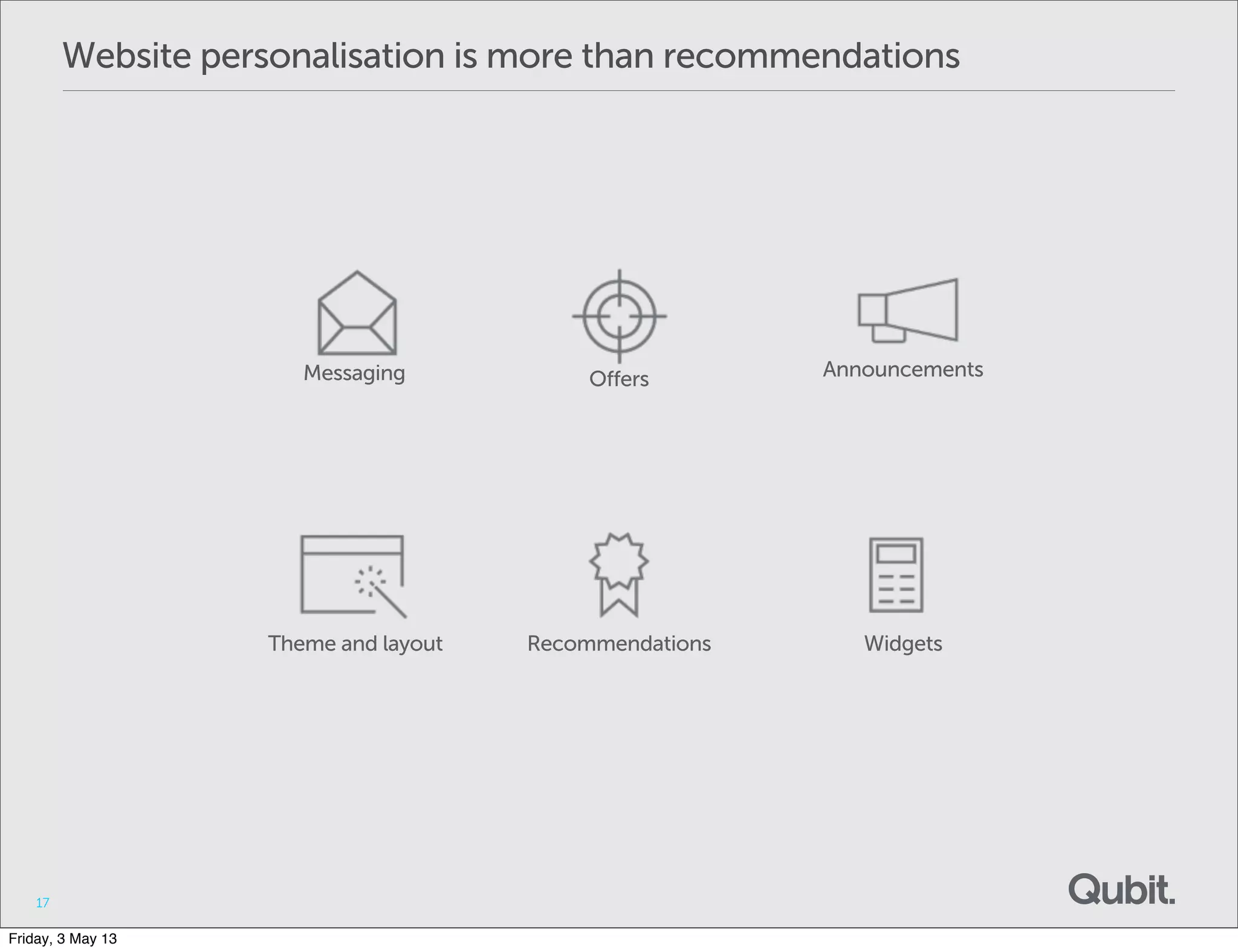 Website personalisation is more than recommendations
17
Messaging Offers Announcements
Theme and layout Recommendations Widgets
Friday, 3 May 13
 