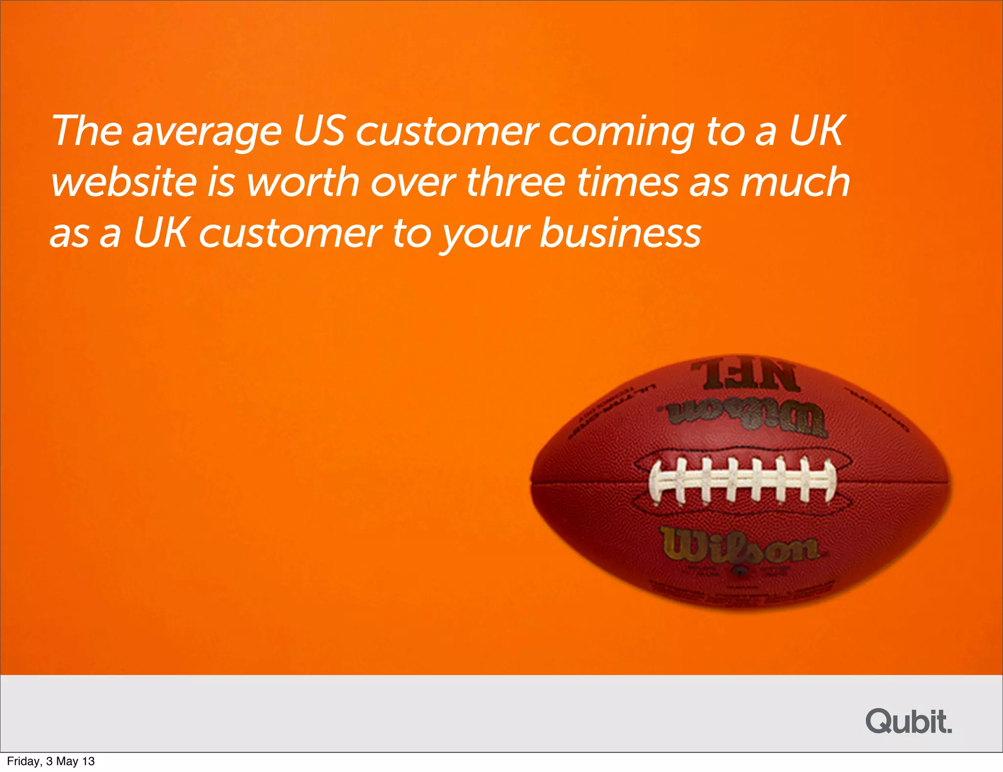 The average US customer coming to a UK
website is worth over three times as much
as a UK customer to your business
Friday, 3 May 13
 
