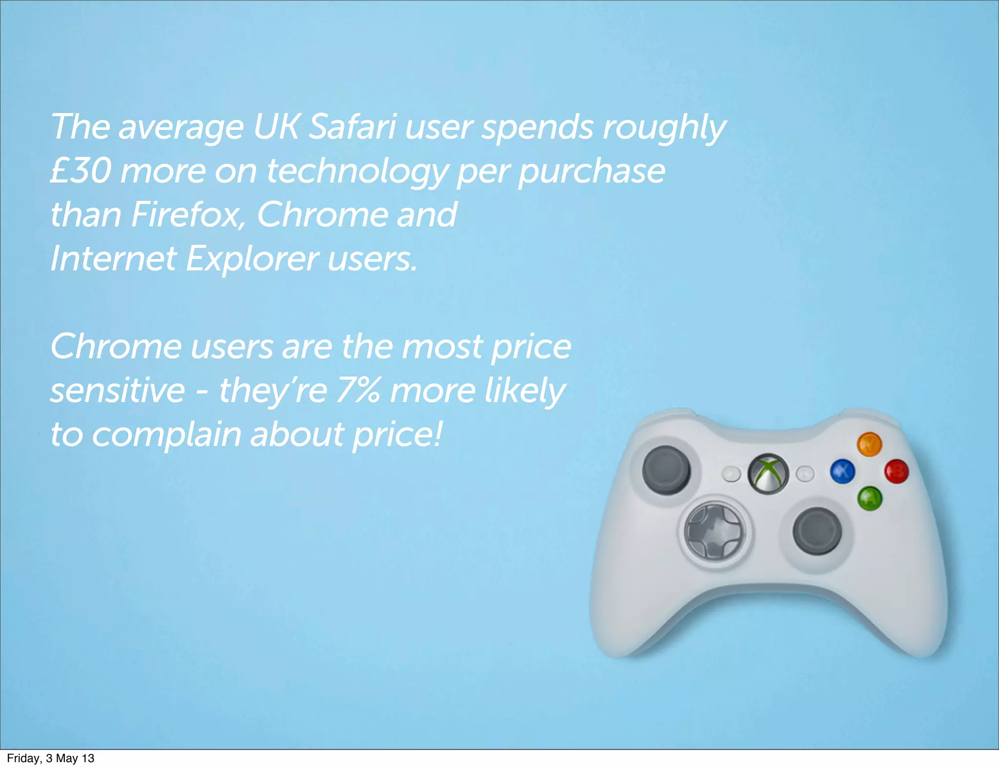 The average UK Safari user spends roughly
£30 more on technology per purchase
than Firefox, Chrome and
Internet Explorer users.
Chrome users are the most price
sensitive - they’re 7% more likely
to complain about price!
Friday, 3 May 13
 