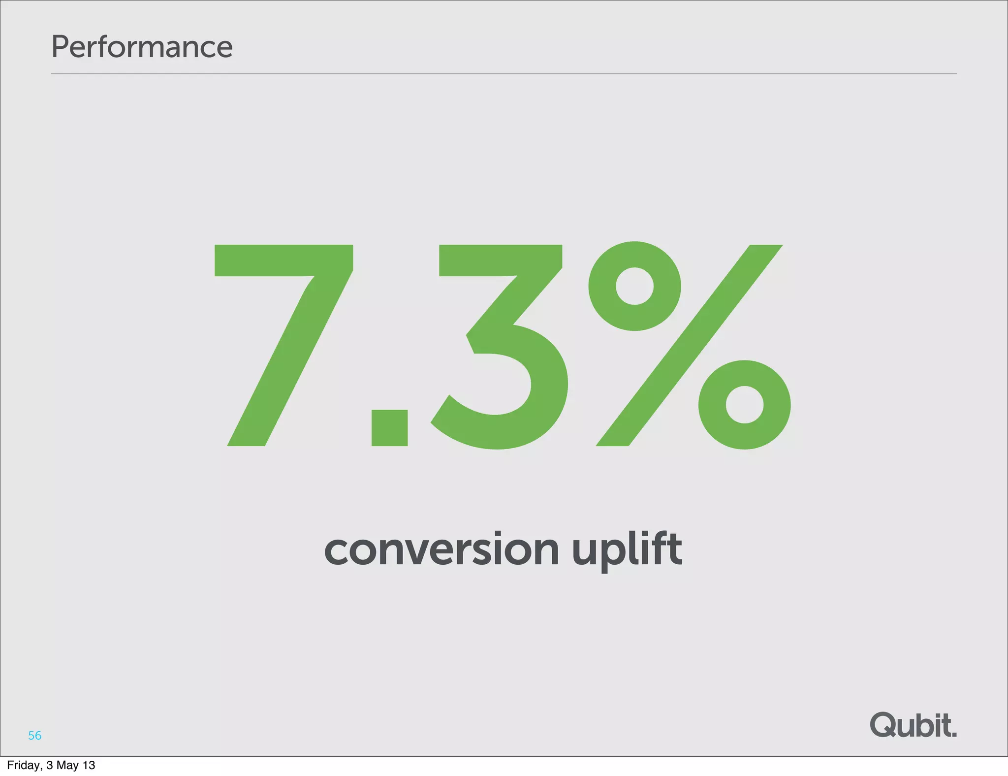 56
Performance
7.3%conversion uplift
Friday, 3 May 13
 