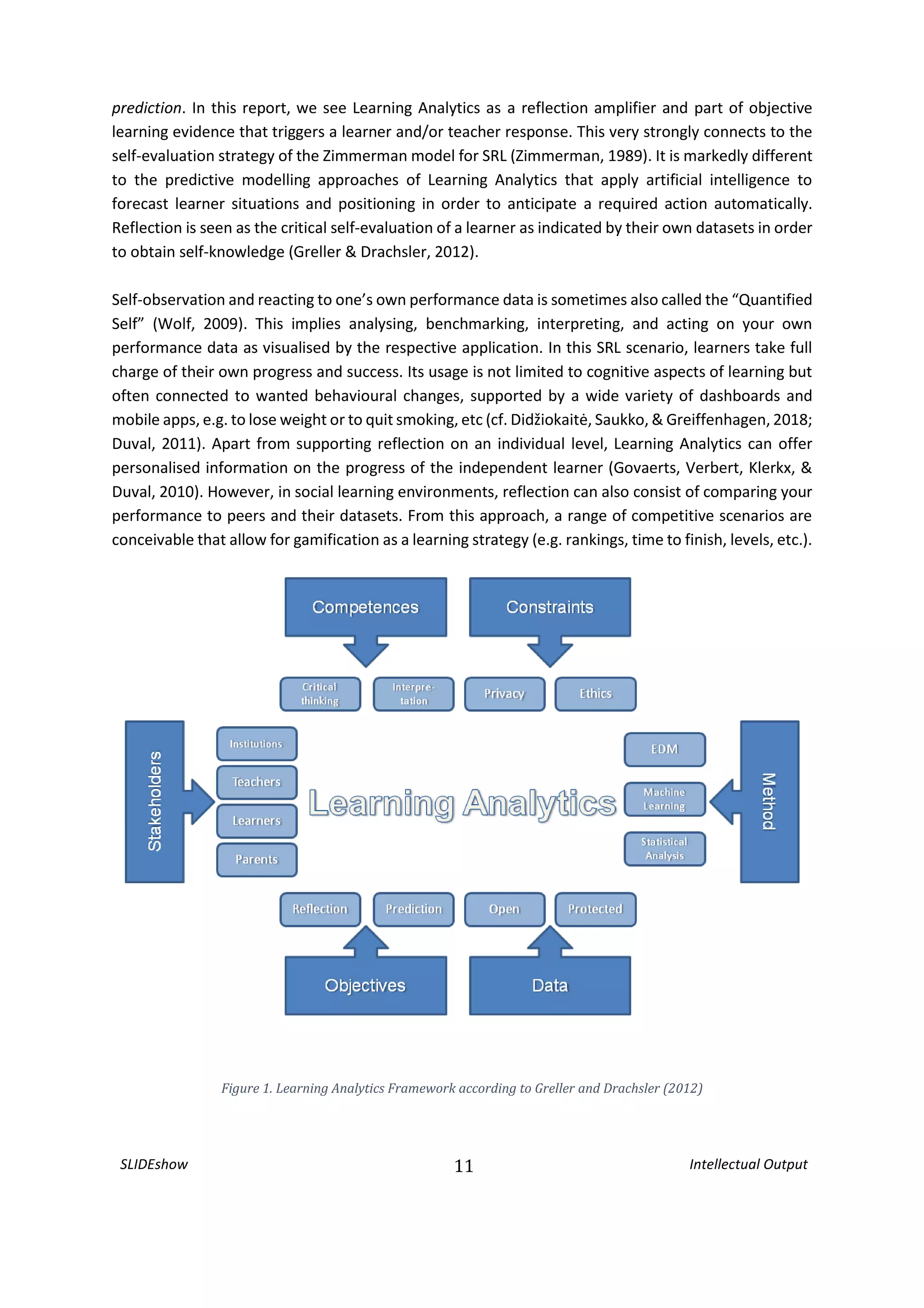 SLIDEshow 11 Intellectual Output
prediction. In this report, we see Learning Analytics as a reflection amplifier and part of objective
learning evidence that triggers a learner and/or teacher response. This very strongly connects to the
self-evaluation strategy of the Zimmerman model for SRL (Zimmerman, 1989). It is markedly different
to the predictive modelling approaches of Learning Analytics that apply artificial intelligence to
forecast learner situations and positioning in order to anticipate a required action automatically.
Reflection is seen as the critical self-evaluation of a learner as indicated by their own datasets in order
to obtain self-knowledge (Greller & Drachsler, 2012).
Self-observation and reacting to one’s own performance data is sometimes also called the “Quantified
Self” (Wolf, 2009). This implies analysing, benchmarking, interpreting, and acting on your own
performance data as visualised by the respective application. In this SRL scenario, learners take full
charge of their own progress and success. Its usage is not limited to cognitive aspects of learning but
often connected to wanted behavioural changes, supported by a wide variety of dashboards and
mobile apps, e.g. to lose weight or to quit smoking, etc (cf. Didžiokaitė, Saukko, & Greiffenhagen, 2018;
Duval, 2011). Apart from supporting reflection on an individual level, Learning Analytics can offer
personalised information on the progress of the independent learner (Govaerts, Verbert, Klerkx, &
Duval, 2010). However, in social learning environments, reflection can also consist of comparing your
performance to peers and their datasets. From this approach, a range of competitive scenarios are
conceivable that allow for gamification as a learning strategy (e.g. rankings, time to finish, levels, etc.).
Figure 1. Learning Analytics Framework according to Greller and Drachsler (2012)
 