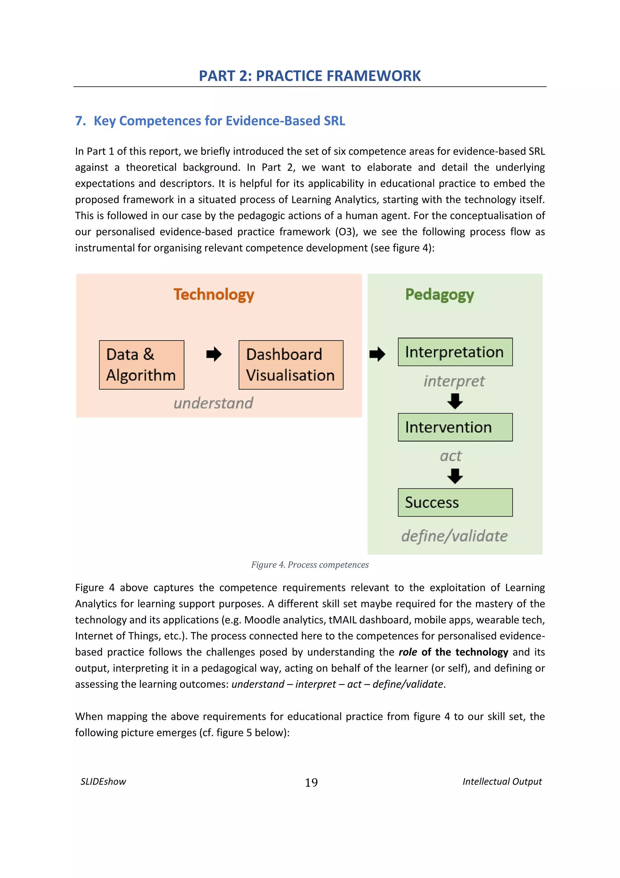 SLIDEshow 19 Intellectual Output
PART 2: PRACTICE FRAMEWORK
7. Key Competences for Evidence-Based SRL
In Part 1 of this report, we briefly introduced the set of six competence areas for evidence-based SRL
against a theoretical background. In Part 2, we want to elaborate and detail the underlying
expectations and descriptors. It is helpful for its applicability in educational practice to embed the
proposed framework in a situated process of Learning Analytics, starting with the technology itself.
This is followed in our case by the pedagogic actions of a human agent. For the conceptualisation of
our personalised evidence-based practice framework (O3), we see the following process flow as
instrumental for organising relevant competence development (see figure 4):
Figure 4. Process competences
Figure 4 above captures the competence requirements relevant to the exploitation of Learning
Analytics for learning support purposes. A different skill set maybe required for the mastery of the
technology and its applications (e.g. Moodle analytics, tMAIL dashboard, mobile apps, wearable tech,
Internet of Things, etc.). The process connected here to the competences for personalised evidence-
based practice follows the challenges posed by understanding the role of the technology and its
output, interpreting it in a pedagogical way, acting on behalf of the learner (or self), and defining or
assessing the learning outcomes: understand – interpret – act – define/validate.
When mapping the above requirements for educational practice from figure 4 to our skill set, the
following picture emerges (cf. figure 5 below):
 