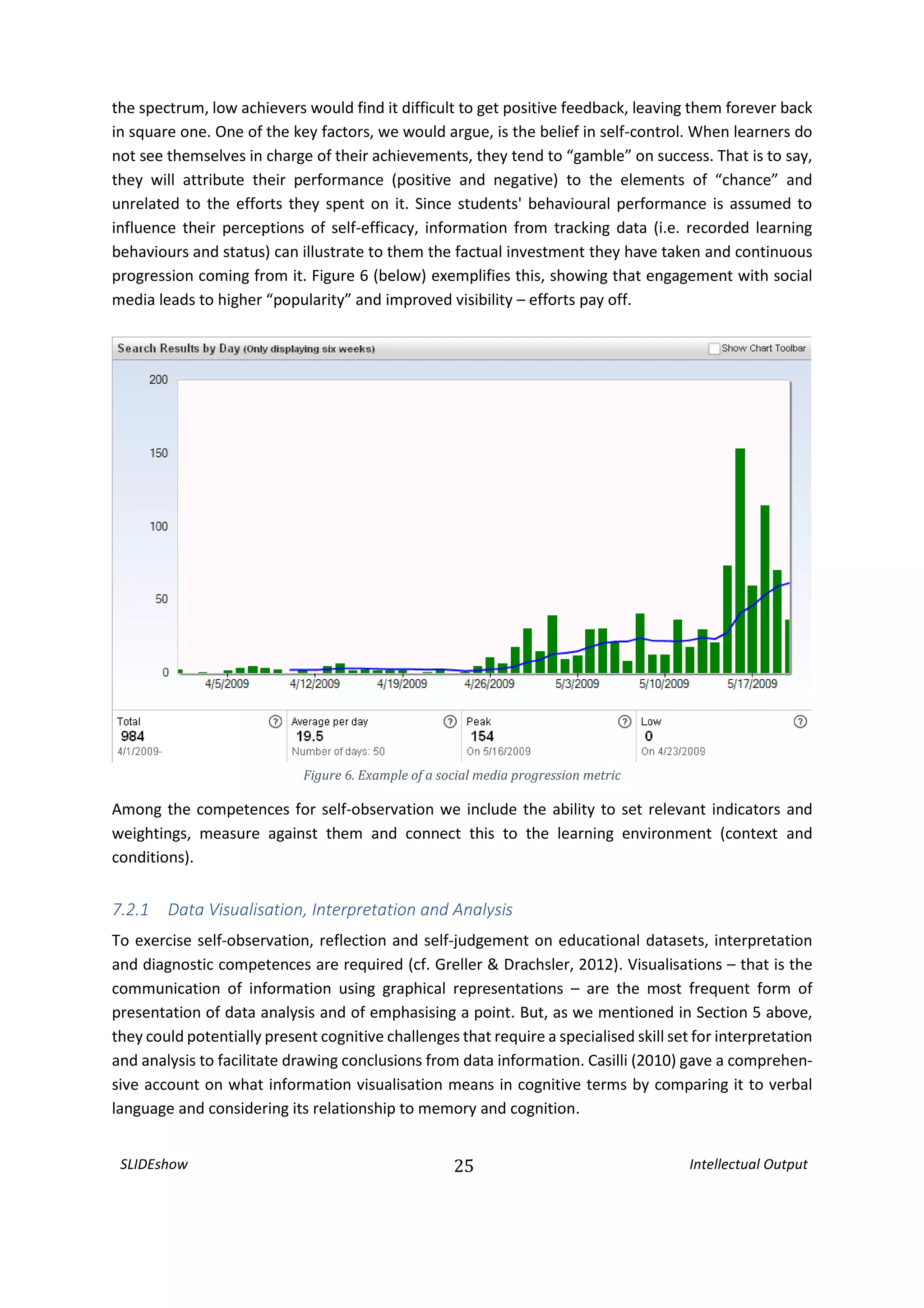 SLIDEshow 25 Intellectual Output
the spectrum, low achievers would find it difficult to get positive feedback, leaving them forever back
in square one. One of the key factors, we would argue, is the belief in self-control. When learners do
not see themselves in charge of their achievements, they tend to “gamble” on success. That is to say,
they will attribute their performance (positive and negative) to the elements of “chance” and
unrelated to the efforts they spent on it. Since students' behavioural performance is assumed to
influence their perceptions of self-efficacy, information from tracking data (i.e. recorded learning
behaviours and status) can illustrate to them the factual investment they have taken and continuous
progression coming from it. Figure 6 (below) exemplifies this, showing that engagement with social
media leads to higher “popularity” and improved visibility – efforts pay off.
Figure 6. Example of a social media progression metric
Among the competences for self-observation we include the ability to set relevant indicators and
weightings, measure against them and connect this to the learning environment (context and
conditions).
7.2.1 Data Visualisation, Interpretation and Analysis
To exercise self-observation, reflection and self-judgement on educational datasets, interpretation
and diagnostic competences are required (cf. Greller & Drachsler, 2012). Visualisations – that is the
communication of information using graphical representations – are the most frequent form of
presentation of data analysis and of emphasising a point. But, as we mentioned in Section 5 above,
they could potentially present cognitive challenges that require a specialised skill set for interpretation
and analysis to facilitate drawing conclusions from data information. Casilli (2010) gave a comprehen-
sive account on what information visualisation means in cognitive terms by comparing it to verbal
language and considering its relationship to memory and cognition.
 