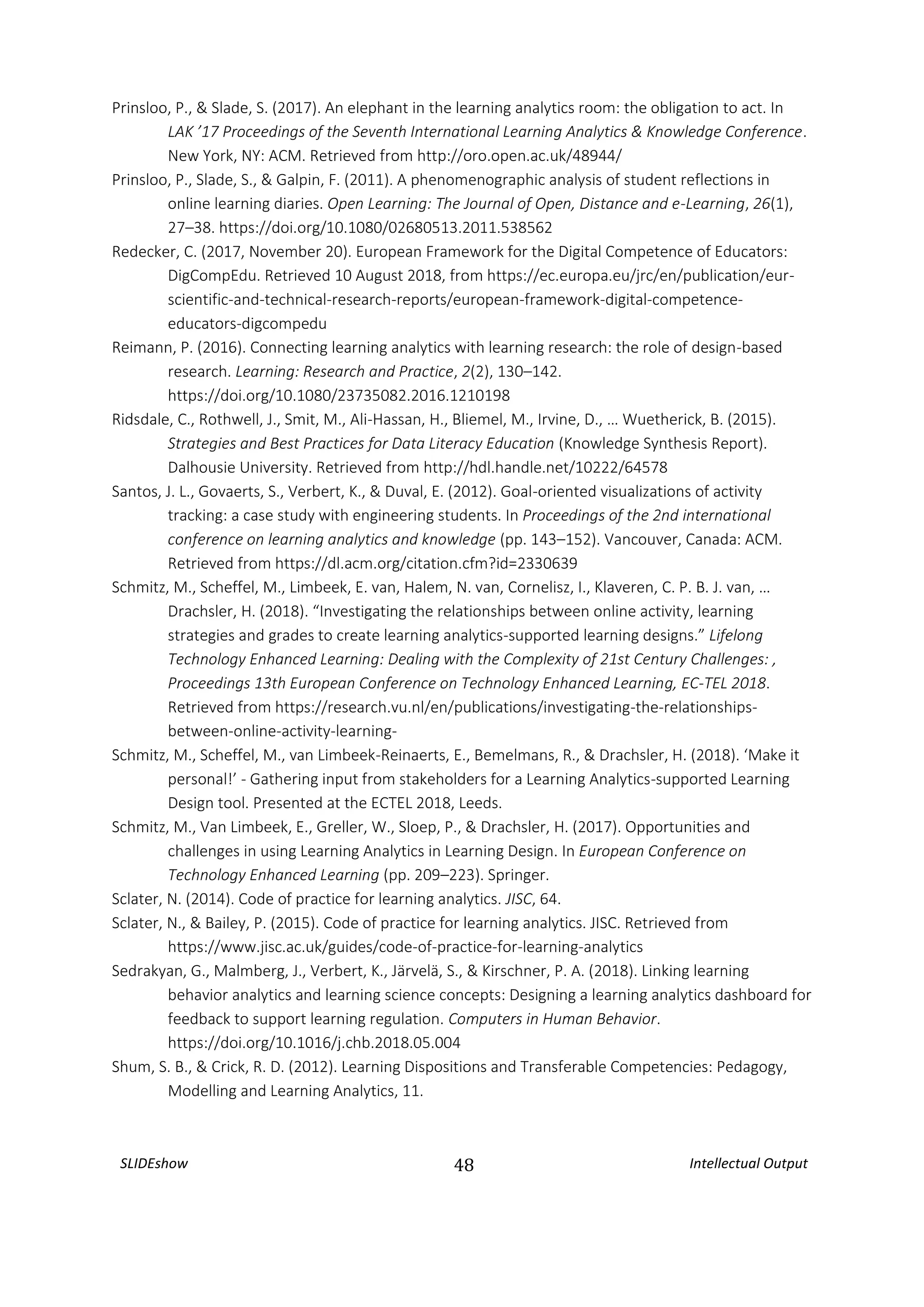 SLIDEshow 48 Intellectual Output
Prinsloo, P., & Slade, S. (2017). An elephant in the learning analytics room: the obligation to act. In
LAK ’17 Proceedings of the Seventh International Learning Analytics & Knowledge Conference.
New York, NY: ACM. Retrieved from http://oro.open.ac.uk/48944/
Prinsloo, P., Slade, S., & Galpin, F. (2011). A phenomenographic analysis of student reflections in
online learning diaries. Open Learning: The Journal of Open, Distance and e-Learning, 26(1),
27–38. https://doi.org/10.1080/02680513.2011.538562
Redecker, C. (2017, November 20). European Framework for the Digital Competence of Educators:
DigCompEdu. Retrieved 10 August 2018, from https://ec.europa.eu/jrc/en/publication/eur-
scientific-and-technical-research-reports/european-framework-digital-competence-
educators-digcompedu
Reimann, P. (2016). Connecting learning analytics with learning research: the role of design-based
research. Learning: Research and Practice, 2(2), 130–142.
https://doi.org/10.1080/23735082.2016.1210198
Ridsdale, C., Rothwell, J., Smit, M., Ali-Hassan, H., Bliemel, M., Irvine, D., … Wuetherick, B. (2015).
Strategies and Best Practices for Data Literacy Education (Knowledge Synthesis Report).
Dalhousie University. Retrieved from http://hdl.handle.net/10222/64578
Santos, J. L., Govaerts, S., Verbert, K., & Duval, E. (2012). Goal-oriented visualizations of activity
tracking: a case study with engineering students. In Proceedings of the 2nd international
conference on learning analytics and knowledge (pp. 143–152). Vancouver, Canada: ACM.
Retrieved from https://dl.acm.org/citation.cfm?id=2330639
Schmitz, M., Scheffel, M., Limbeek, E. van, Halem, N. van, Cornelisz, I., Klaveren, C. P. B. J. van, …
Drachsler, H. (2018). “Investigating the relationships between online activity, learning
strategies and grades to create learning analytics-supported learning designs.” Lifelong
Technology Enhanced Learning: Dealing with the Complexity of 21st Century Challenges: ,
Proceedings 13th European Conference on Technology Enhanced Learning, EC-TEL 2018.
Retrieved from https://research.vu.nl/en/publications/investigating-the-relationships-
between-online-activity-learning-
Schmitz, M., Scheffel, M., van Limbeek-Reinaerts, E., Bemelmans, R., & Drachsler, H. (2018). ‘Make it
personal!’ - Gathering input from stakeholders for a Learning Analytics-supported Learning
Design tool. Presented at the ECTEL 2018, Leeds.
Schmitz, M., Van Limbeek, E., Greller, W., Sloep, P., & Drachsler, H. (2017). Opportunities and
challenges in using Learning Analytics in Learning Design. In European Conference on
Technology Enhanced Learning (pp. 209–223). Springer.
Sclater, N. (2014). Code of practice for learning analytics. JISC, 64.
Sclater, N., & Bailey, P. (2015). Code of practice for learning analytics. JISC. Retrieved from
https://www.jisc.ac.uk/guides/code-of-practice-for-learning-analytics
Sedrakyan, G., Malmberg, J., Verbert, K., Järvelä, S., & Kirschner, P. A. (2018). Linking learning
behavior analytics and learning science concepts: Designing a learning analytics dashboard for
feedback to support learning regulation. Computers in Human Behavior.
https://doi.org/10.1016/j.chb.2018.05.004
Shum, S. B., & Crick, R. D. (2012). Learning Dispositions and Transferable Competencies: Pedagogy,
Modelling and Learning Analytics, 11.
 