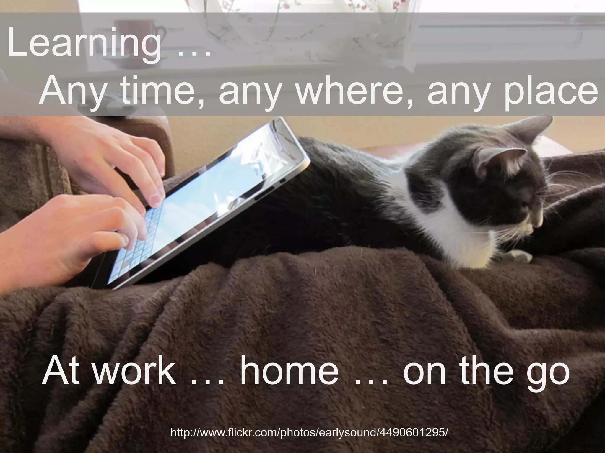 Learning … 
Any time, any where, any place 
At work … home … on the go 
http://www.flickr.com/photos/earlysound/4490601295/ 
 