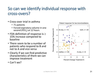 So can we identify individual response with
cross-overs?
• Cross-over trial in asthma
• 71 patients
• Forced expiratory volume in one
second (FEV1) at 12 hours
• FDA definition of response is 
15% increase compered to
baseline
• There seem to be a number of
patients who respond to B and
not to A and vice versa
• Clearly if we can find predictive
characteristics of them we can
improve treatment
• Can’t we?
31(c) Stephen Senn 2019
 