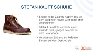 STEFAN KAUFT SCHUHE
• Shoppt in der Zalando App im Zug auf
dem Weg nach hause, wird dabei aber
unterbrochen
• Sitzt auf dem Sofa und sieht einen
Zalando Spot, googelt Zalando auf
dem Smartphone
• Verlässt das Sofa und schließt den
Einkauf auf dem Desktop ab
 
