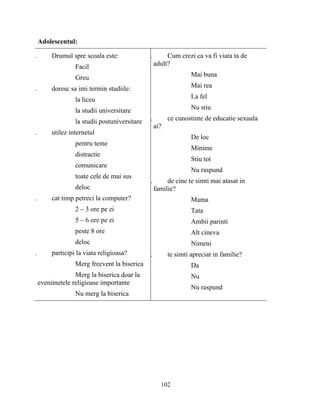 102
Adolescentul:
. Drumul spre scoala este:
Facil
Greu
. doresc sa imi termin studiile:
la liceu
la studii universitare
la studii postuniversitare
. utilez internetul
pentru teme
distractie
comunicare
toate cele de mai sus
deloc
. cat timp petreci la computer?
2 – 3 ore pe zi
5 – 6 ore pe zi
peste 8 ore
deloc
. participi la viata religioasa?
Merg frecvent la biserica
Merg la biserica doar la
evenimetele religioase importante
Nu merg la biserica
. Cum crezi ca va fi viata ta de
adult?
Mai buna
Mai rea
La fel
Nu stiu
. ce cunostinte de educatie sexuala
ai?
De loc
Minime
Stiu tot
Nu raspund
. de cine te simti mai atasat in
familie?
Mama
Tata
Ambii parinti
Alt cineva
Nimeni
. te simti apreciat in familie?
Da
Nu
Nu raspund
 