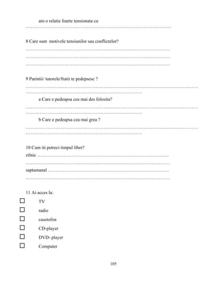 105
am o relatie foarte tensionata cu
………………………………….………………………………………………
8 Care sunt motivele tensiunilor sau conflictelor?
…………………………………………………………………………………
…………………………………………………………………………………
…………………………………………………………………………………
9 Parintii/ tutorele/fratii te pedepsesc ?
…………………………………………………………………………………………………
…………………………………………………………………
a Care e pedeapsa cea mai des folosita?
…………………………………………………………………………………………………
…………………………………………………………………
b Care e pedeapsa cea mai grea ?
…………………………………………………………………………………………………
…………………………………………………………………
10 Cum iti petreci timpul liber?
zilnic ………………………………………………………………………….
…………………………………………………………………………………
saptamanal ……………………………………………………………………
…………………………………………………………………………………
11 Ai acces la:
TV
radio
casetofon
CD-player
DVD- player
Computer
 