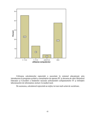 2 - 3 ore 5 - 6 ore peste 8 ore deloc
utilizarea computerului
0
10
20
30
40
50
Percent
45.7
13
3.7
37.7
Utilizarea calculatorului reprezintă o necesitate în sistemul educaţional, prin
introducerea în programa şcolară a cunoştinţelor de operare PC şi alocarea de către Ministerul
Educaţiei şi Cercetării a fondurilor necesare achiziţionării echipamentelor IT şi înfiinţării
laboratoarelor de informatică, inclusiv în mediul rural.
De asemenea, calculatorul reprezintă un mijloc tot mai mult uzitat de socializare.
41
 
