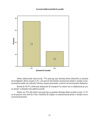 Accesul adolescentului la şcoală
facil greu
Accesul la scoala
0
20
40
60
80
Procent
75
25
Dintre adolescenţii intervievaţi, 75% parcurg uşor distanţa dintre domiciliu şi unitatea
de învăţămînt; dintre aceştia 5,3%, care provin din familii caracterizate printr-o situaţie socio-
economică medie sau ridicată, folosesc maşina personală, scuterul sau taxiul pentru deplasare.
Restul de 69,7% utilizează mijloacele de transport în comun sau se deplasează pe jos,
ca urmare a distanţei mici până la şcoală.
Dintre cei 25% din tinerii care parcurg cu greutate distanţa dintre şcoală şi casă, 11,7%
au de parcurs mai mult de 4 km. Familiile de origine se caracterizează printr-o situaţie socio-
economică precară.
61
 