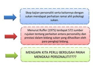 Skop kajian personaliti serta kaitannya dengan
sukan mendapat perhatian ramai ahli psikologi
sukan.
Menurut Ruffer (1975) terdapat 572 sumber
rujukan tentang perkaitan antara personality dan
prestasi dalam bidang sukan yang dihasilkan oleh
para pengkaji bidang.
MENGAPA KITA PERLU BERSUSAH PAYAH
MENGKAJI PERSONALITI????
 