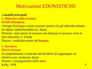 10
Motivazioni EDONISTICHE
2 modelli principali:
1- Riduzione della tensione
PUSH (Pitchfork)
i bisogni fisiologici creano tensioni interne che gli individui tentano
di ridurre soddisfacendole (es. fame)
Pulsioni= stati interni di tensione che dirigono le persone verso la
loro riduzione (v. Freud)
Piacere= soddisfacimento del bisogno
2- Incentivo
PULL (Carrot)
Il comportamento è motivato dal desiderio di raggiungere un
obiettivo (es. ricchezza, fama)
Piacere= conseguimento della meta
Kelly, 1958
 