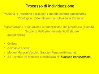 Processo di individuazione
Persona  relazione dell’io con il mondo esterno (maschera)
Patologico : l’identificazione dell’Io sulla Persona
Individuazione Attuazione o realizzazione del proprio Sé (a stadi)
Scoperta della propria autenticità (figure
archetipiche)
• Ombra
• Animus e anima
• Magna Mater e Vecchio Saggio (Personalità mana)
• Sé – sintesi tra incoscio e coscienza  funzione trascendentefunzione trascendente
 