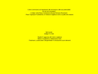 I clinici cominciano ad interessarsi allo strumento e alle sue potenzialità
Chi se ne è occupato?
In Italia: Carlo Rizzo, fondando la Scuola Romana Rorschach
Passi Tognazzo adottando un metodo di siglatura vicino a quello del creatore
Nel mondo
Zulliger Z test
Klopfer aggiunse altri indici e siglature
Bohm studiando e rielaborando indici
Friedmann, Loosli-Usteri, Morgenthaler introduzione nuovi elementi
 