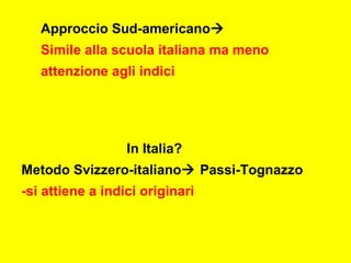 Approccio Sud-americano
Simile alla scuola italiana ma meno
attenzione agli indici
In Italia?
Metodo Svizzero-italiano Passi-Tognazzo
-si attiene a indici originari
 