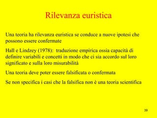 39
Rilevanza euristica
Una teoria ha rilevanza euristica se conduce a nuove ipotesi che
possono essere confermate
Hall e Lindzey (1978): traduzione empirica ossia capacità di
definire variabili e concetti in modo che ci sia accordo sul loro
significato e sulla loro misurabilità
Una teoria deve poter essere falsificata o confermata
Se non specifica i casi che la falsifica non è una teoria scientifica
 