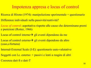 55
Impotenza appresa e locus of control
Ricerca di Hiroto (1974): manipolazione sperimentale + questionario
Differenze individuali nella passività/reattività?
Locus of control: aspettativa rispetto alle cause che determinano premi
e punizioni (Rotter, 1966)
Locus of control interno gli eventi dipendono da me
Locus of control esterno gli eventi dipendono da altro
(caso,s/fortuna)
Internal-External Scale (I-E): questionario auto-valutativo
Soggetti con l.c. esterno: + passivi e lenti a reagire di altri
Coerenza dati-S e dati-T
 