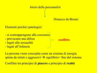 Inizio della psicoanalisi
Distacco da Breuer
Elementi psichici patologici:
- si contrappongono alla coscienza
- provocano una difesa
- legati alla sessualità
- legati all’infanzia
conflitto
La persona viene concepita come un sistema di energia,
spinta da istinti e aggressivi  equilibrio= fine del sistema
Conflitto tra principio di piacere e principio di realtà
 