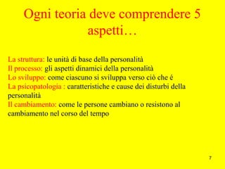 7
Ogni teoria deve comprendere 5
aspetti…
La struttura: le unità di base della personalità
Il processo: gli aspetti dinamici della personalità
Lo sviluppo: come ciascuno si sviluppa verso ciò che é
La psicopatologia : caratteristiche e cause dei disturbi della
personalità
Il cambiamento: come le persone cambiano o resistono al
cambiamento nel corso del tempo
 