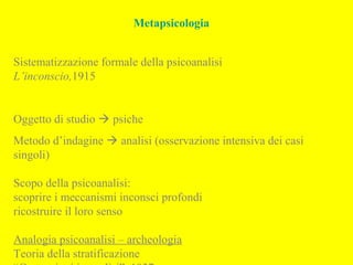 Metapsicologia
Sistematizzazione formale della psicoanalisi
L’inconscio,1915
Oggetto di studio  psiche
Metodo d’indagine  analisi (osservazione intensiva dei casi
singoli)
Scopo della psicoanalisi:
scoprire i meccanismi inconsci profondi
ricostruire il loro senso
Analogia psicoanalisi – archeologia
Teoria della stratificazione
 