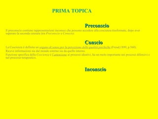 PRIMA TOPICA
PreconscioPreconscio
Il preconscio contiene rappresentazioni inconsce che possono accedere alla coscienza trasformate, dopo aver
superato la seconda censura (tra Preconscio e Conscio).
ConscioConscio
La Coscienza è definita un organo di senso per la percezione delle qualità psichiche (Freud,1899, p.560).
Riceve informazioni sia dal mondo esterno sia da quello interno.
Funzione specifica della Coscienza è l’attenzione ai processi ideativi, ha un ruolo importante nei processi difensivi e
nel processo terapeutico.
InconscioInconscio
 