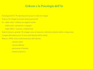 Erikson e la Psicologia dell’Io
Psicologia dell’Io  importanza di successivi stadi di sviluppo
Erikson  sviluppo in termini anche psicosociali
Es.: stadio orale= s/fiducia nei rapporti sociali
stadio anale= autonomia o vergogna
stadio fallico= successo, competizione
Stadi di latenza e genitale  sviluppo senso di rinascita o inferiorità, identità stabile o dispersione
Compito dell’adolescenza  senso dell’identità dell’Io stabile
Marcia ( 1994), ricerca sulla formazione dell’identità:
- identità stabile
- identità differita
- preclusione d’identità
- identità dispersiva
 