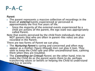 ParentThe parent represents a massive collection of recordings in the brain of external events experienced or perceived in approximately the first five years of life.  Since the majority of the external events experienced by a child are actions of the parent, the ego state was appropriately called Parent.  Note that events perceived by the child from individuals that are NOT parents (but who are often in parent-like roles) are also recorded in the Parent.  There are two forms of Parent we can play.The Nurturing Parent is caring and concerned and often may appear as a mother-figure (though men can play it too). They seek to keep the Child safe and offer unconditional love, calming them when they are troubled.The Controlling (or Critical) Parent, on the other hand, tries to make the Child do as the parent wants them to do, perhaps transferring values or beliefs or helping the Child to understand and live in society. P-A-C