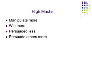 High Machs

   Manipulate more
   Win more
   Persuaded less
   Persuade others more
 