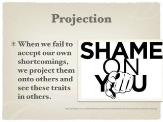 Projection
When we fail to
accept our own
shortcomings,
we project them
onto others and
see these traits
in others.
             http://3.bp.blogspot.com/_btVf1Fq8z8A/S8YvYb4NqBI/AAAAAAAAASw/giOunJ0Ole8/s1600/l_e8d219385ac777ba3ed03ac7ea1d90f7.jpg
 