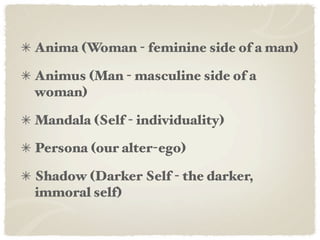 Anima (Woman - feminine side of a man)

Animus (Man - masculine side of a
woman)

Mandala (Self - individuality)

Persona (our alter-ego)

Shadow (Darker Self - the darker,
immoral self)
 