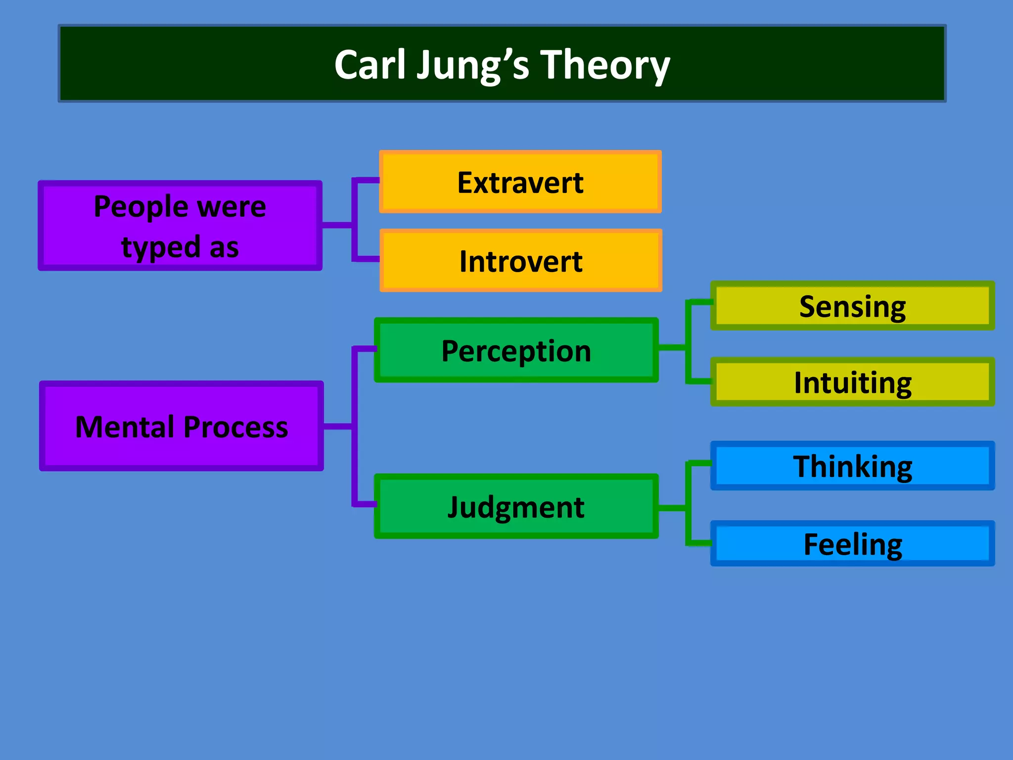 Carl Jung’s Theory
People were
typed as

Extravert
Introvert

Sensing
Perception

Intuiting

Mental Process
Thinking
Judgment

Feeling

 