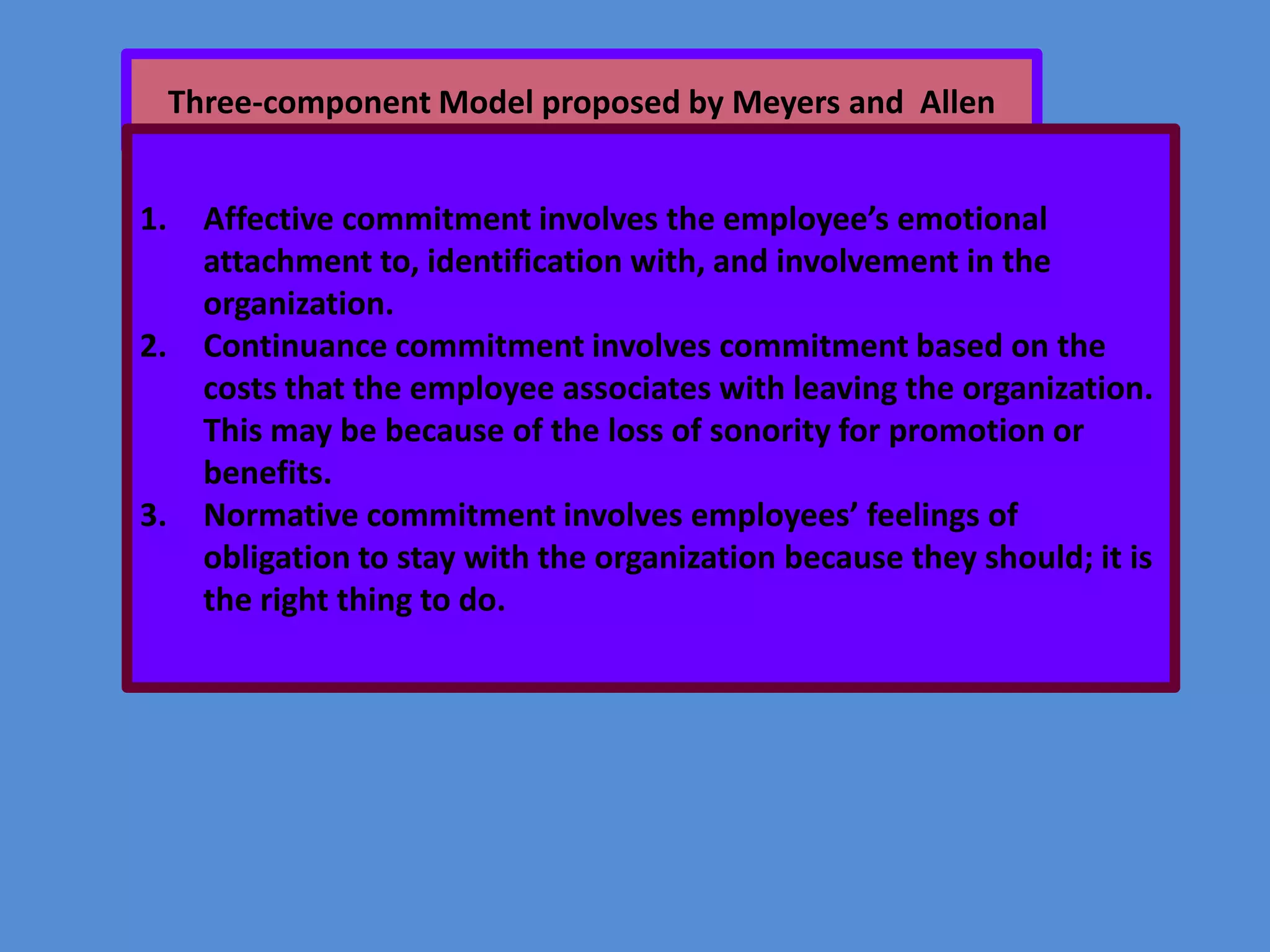 Three-component Model proposed by Meyers and Allen
1.

2.

3.

Affective commitment involves the employee’s emotional
attachment to, identification with, and involvement in the
organization.
Continuance commitment involves commitment based on the
costs that the employee associates with leaving the organization.
This may be because of the loss of sonority for promotion or
benefits.
Normative commitment involves employees’ feelings of
obligation to stay with the organization because they should; it is
the right thing to do.

 