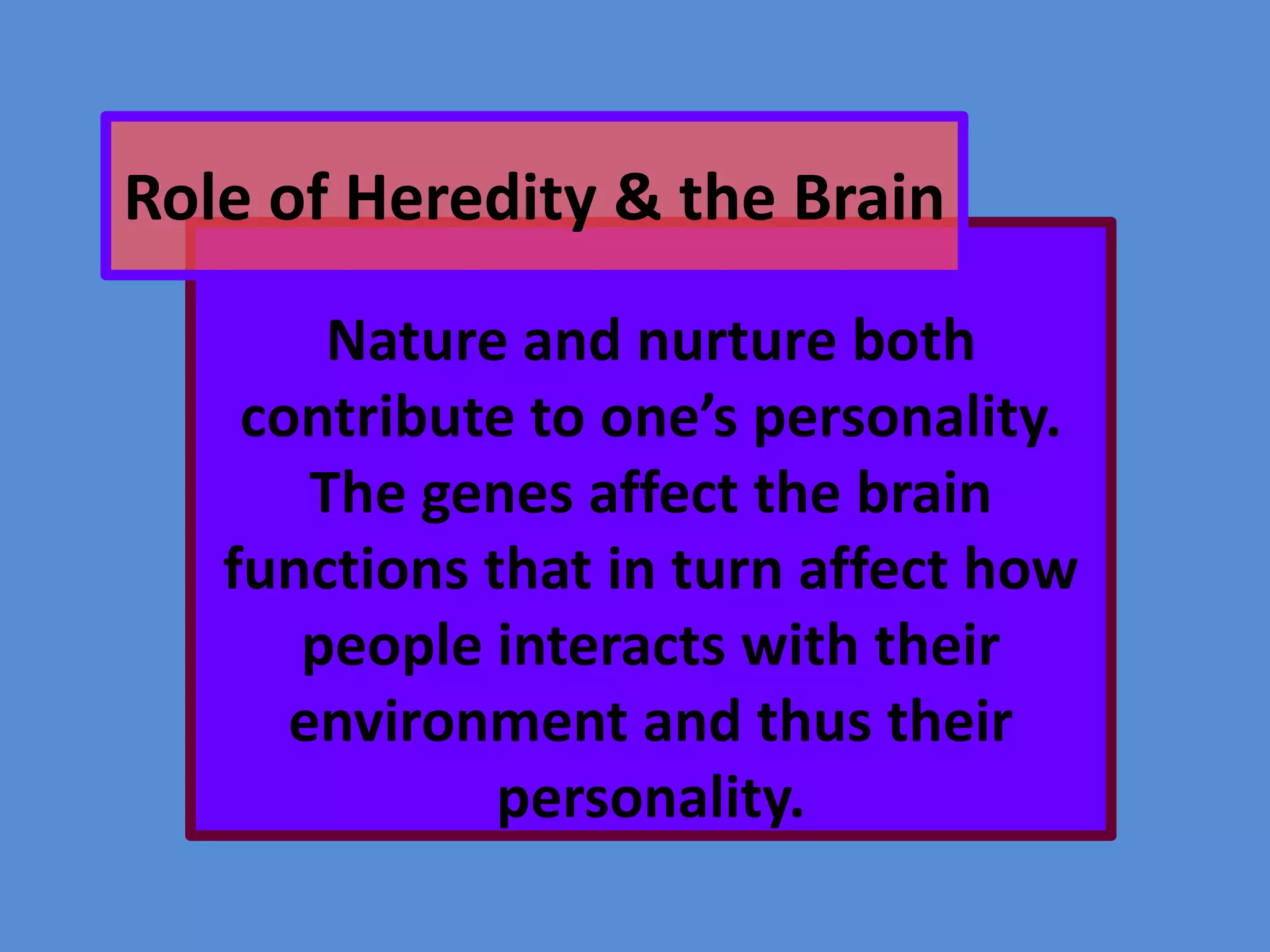 Role of Heredity & the Brain
Nature and nurture both
contribute to one’s personality.
The genes affect the brain
functions that in turn affect how
people interacts with their
environment and thus their
personality.

 